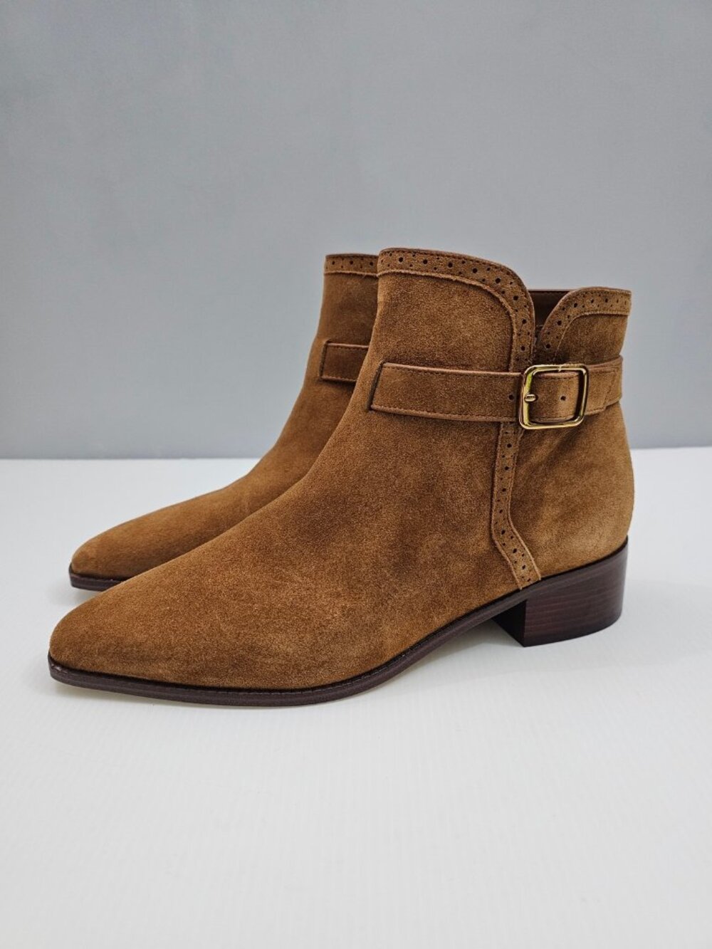 Cole Haan Norella Buckle Ankle Boot Womens 8.5 Tobacco Suede Pointed Toe NEW